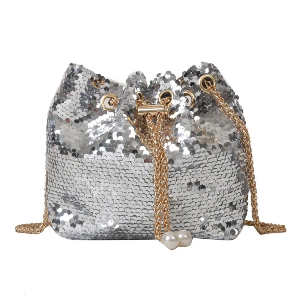 LAST ONE Classy Silver Sequin Evening Party Club Drawstring Chain Pouch Bag - Picture 4 of 5